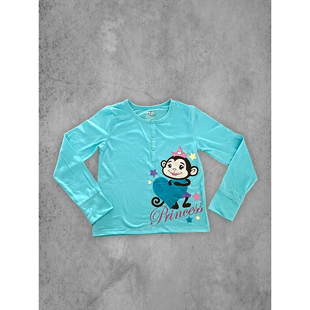 Joe Boxer Girls Turquoise Monkey Princess Henley Pajama Top Size L 10/12